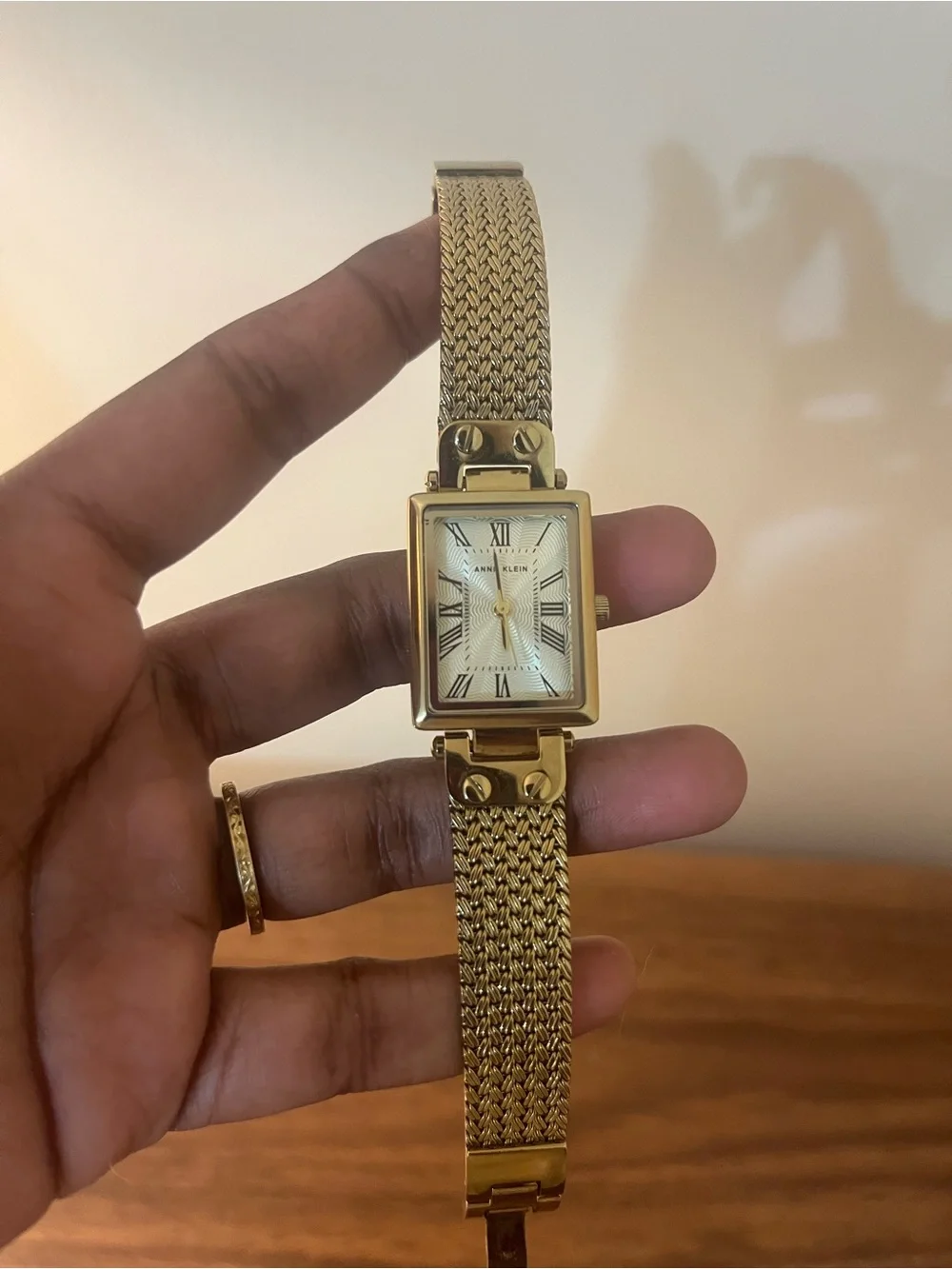 Anne Klein Gold-Tone Rectangular Mesh Bracelet Watch